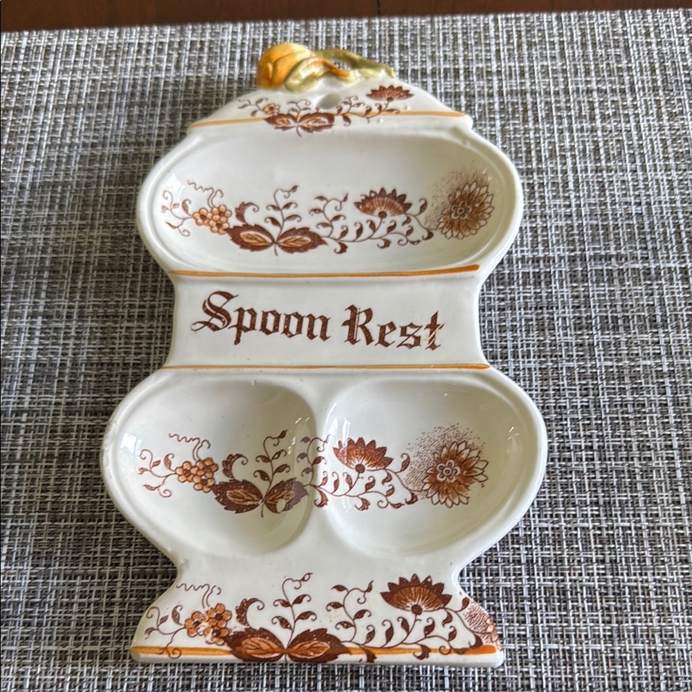 Floral Ceramic Spoon Rest - Brown and Cream Vintage